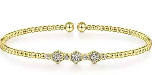 women’s leather bracelets-14K Yellow Gold Bujukan Bead Cuff Bracelet with Cluster Diamond Hexagon Stations