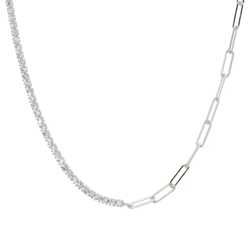 women’s statement gold necklaces-HALF & HALF PAPERCLIP CZ TENNIS NECKLACE, SILVER