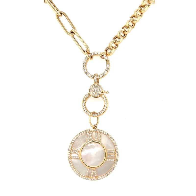 women’s pearl necklaces-Yellow 14K Diamond Multi Chain Lobster Clasp Necklace with Mother of Pearl Clock Charm