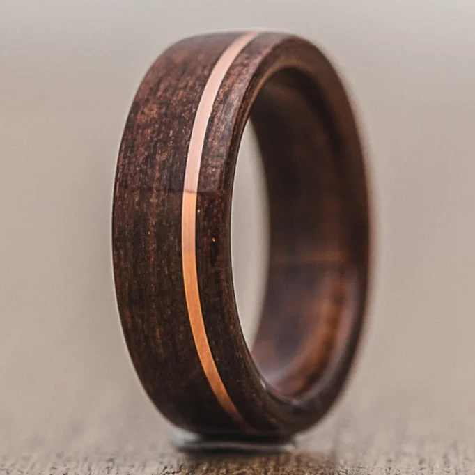 women’s vintage style diamond engagement rings-(In-Stock) Antique Walnut & Offset Copper Wood Wedding Band - Size 14 | 8mm Wide