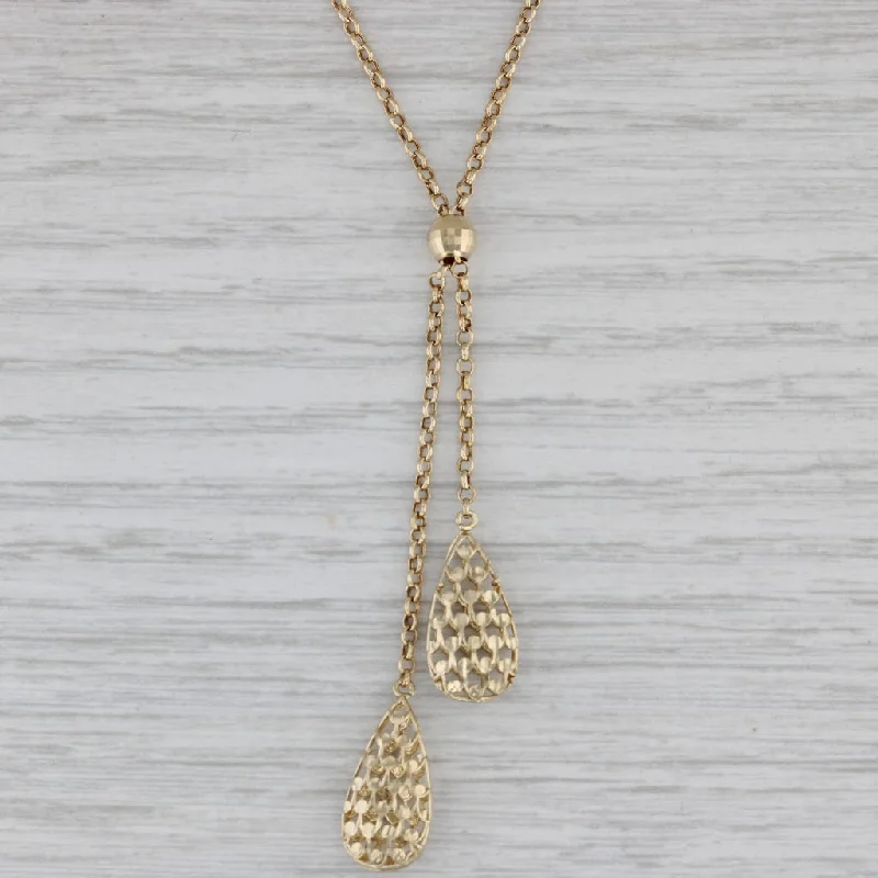 women’s thick chain necklaces-Rolo Chain Lariat Necklace 10k Yellow Gold Bead Stations Teardrops 16.75"