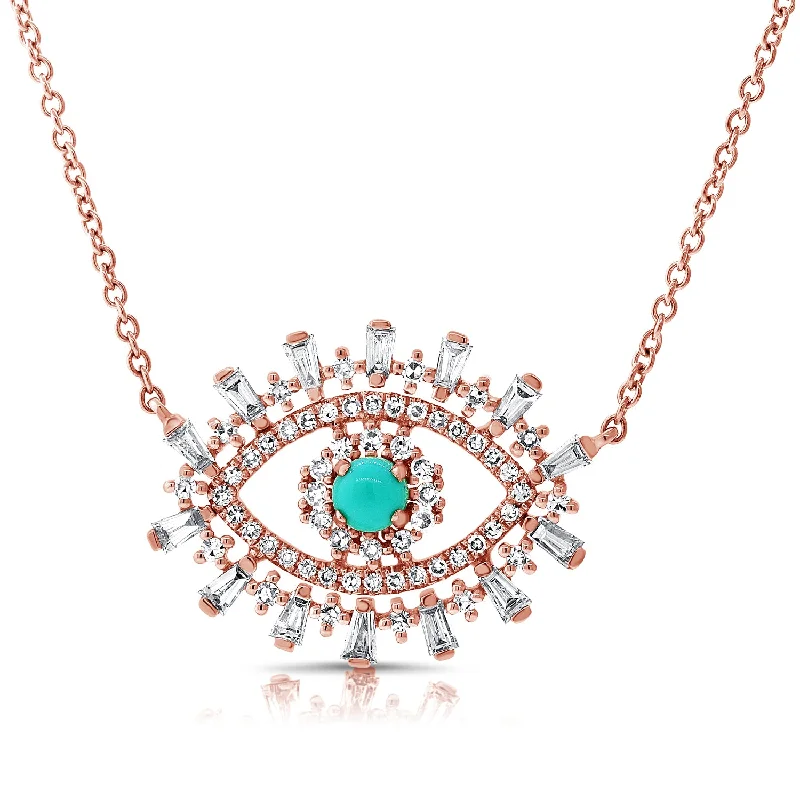 women’s letter necklaces-14K Rose Gold Diamond + Turquoise Evil Eye Necklace