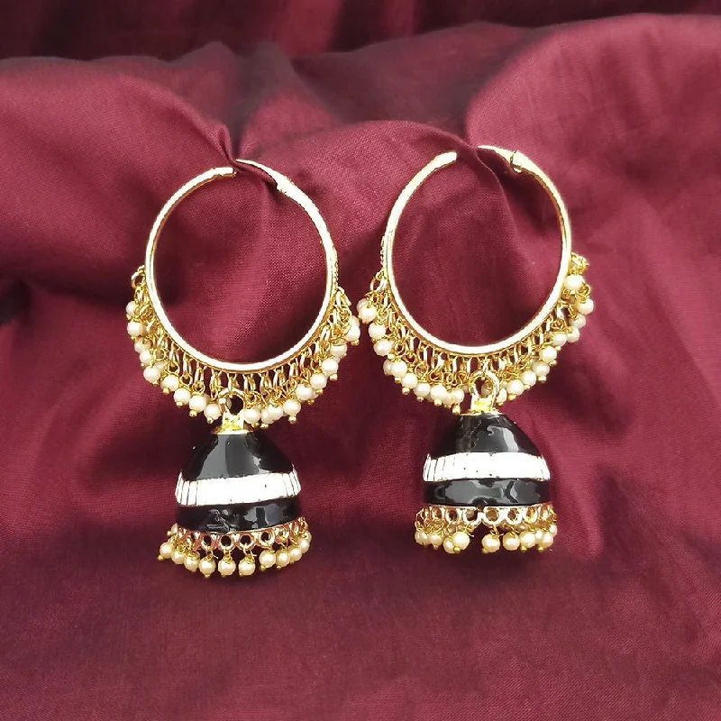 women’s large diamond earrings-Kriaa Gold Plated Black Meenakari And Pearl Jhumki Earrings - 1316376J