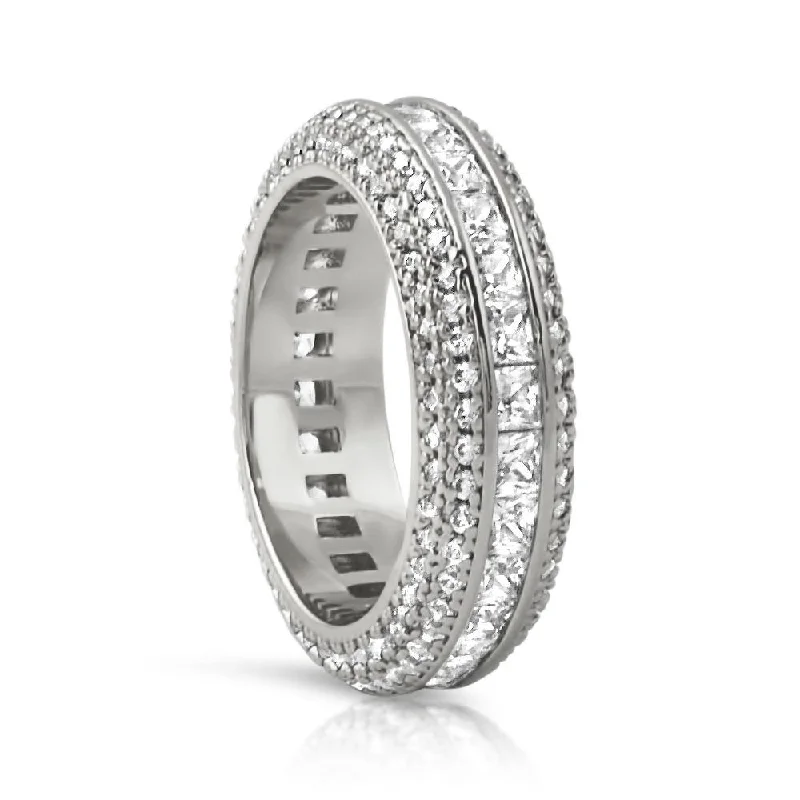 women’s cluster rings-Princess Cut Channel Set Micro Pave Eternity Band Ring in Rhodium