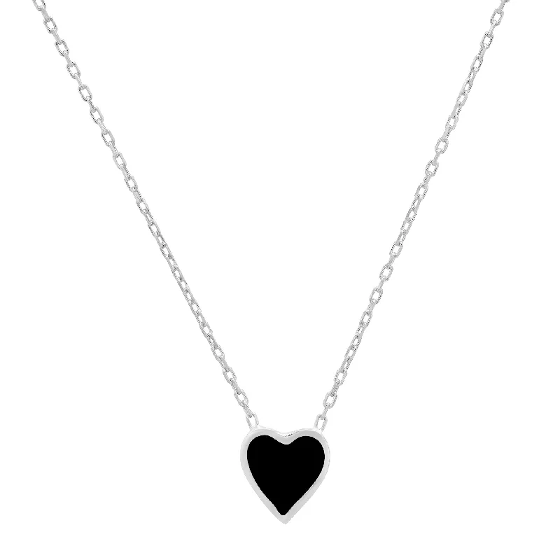 women’s gemstone and diamond necklaces-BLACK HEART ENAMEL NECKLACE, SILVER