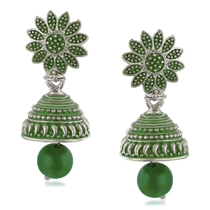 women’s crystal drop earrings-Mahi Meenakari Work Green Artificial Bead Floral Jhumka Drop Earrings for Women (ER1109685R)