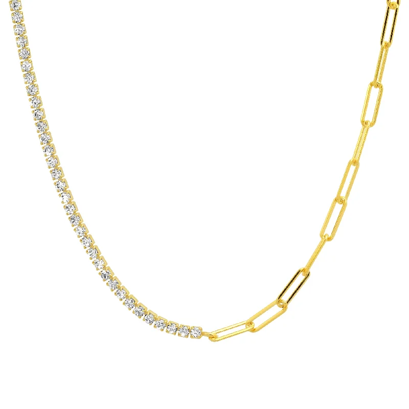 women’s gemstone pendant necklaces-HALF & HALF PAPERCLIP CZ TENNIS NECKLACE, GOLD