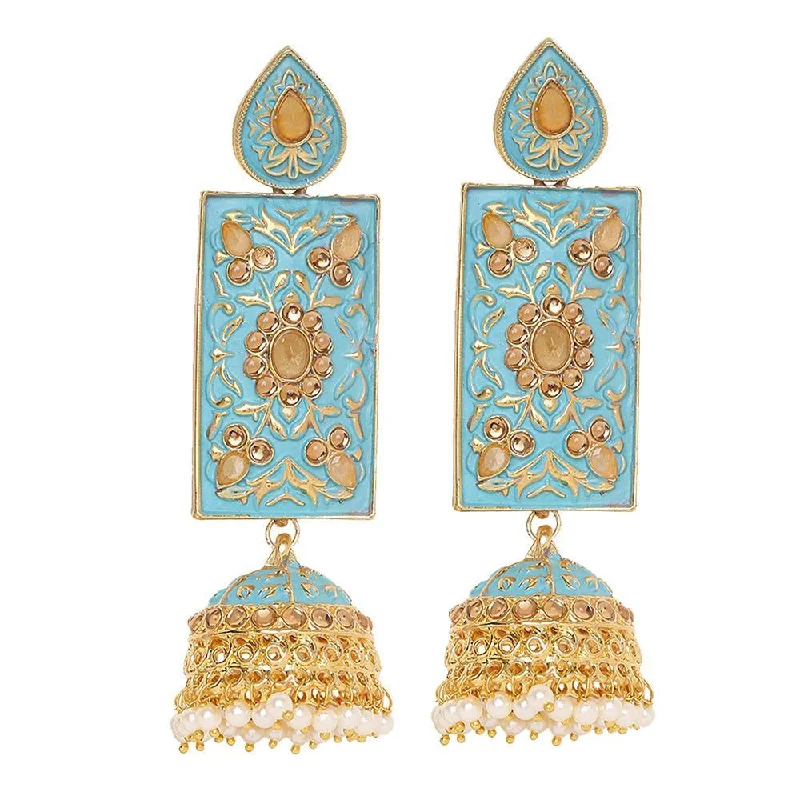 women’s stud earrings-Mahi Light Blue Meenakari Work Enamelled Rectangular Dangle Jhumka Earrings with Artificial Pearl for Women (ER1109741GLBlu)