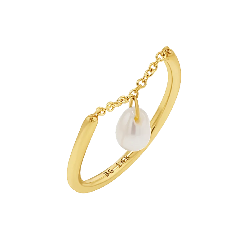 women’s pink gold rings-Solitaire Pearl Drop Chain Ring