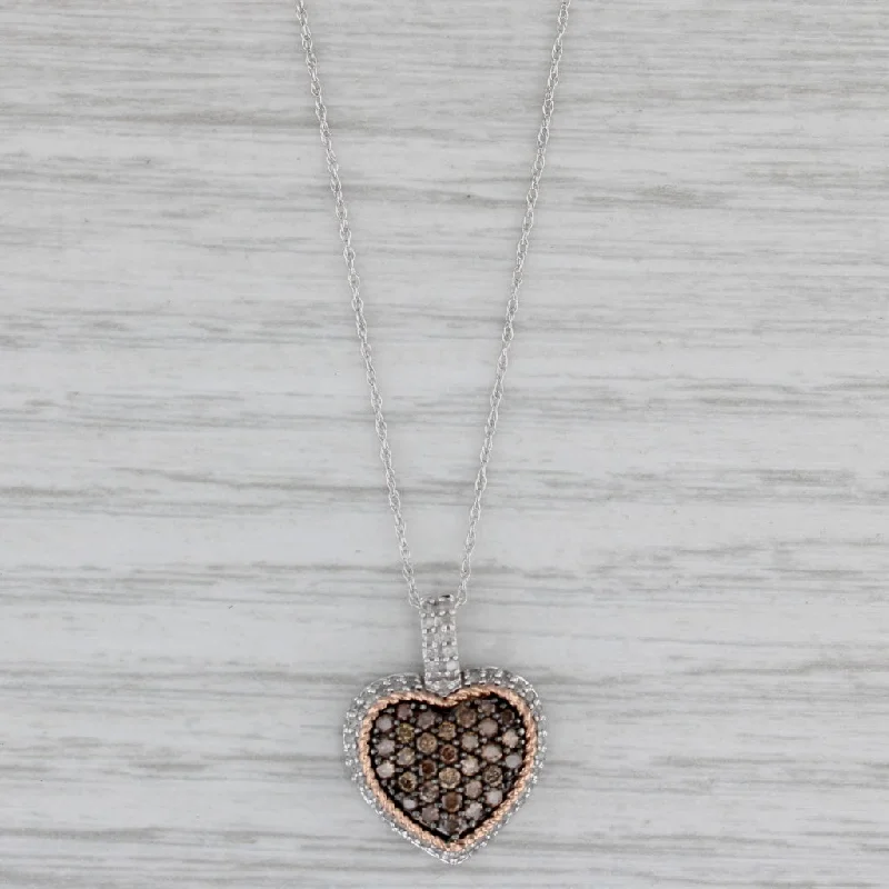 women’s sapphire necklaces-0.55ctw Brown White Diamond Pave Heart Pendant Necklace 10k Gold 17.75"