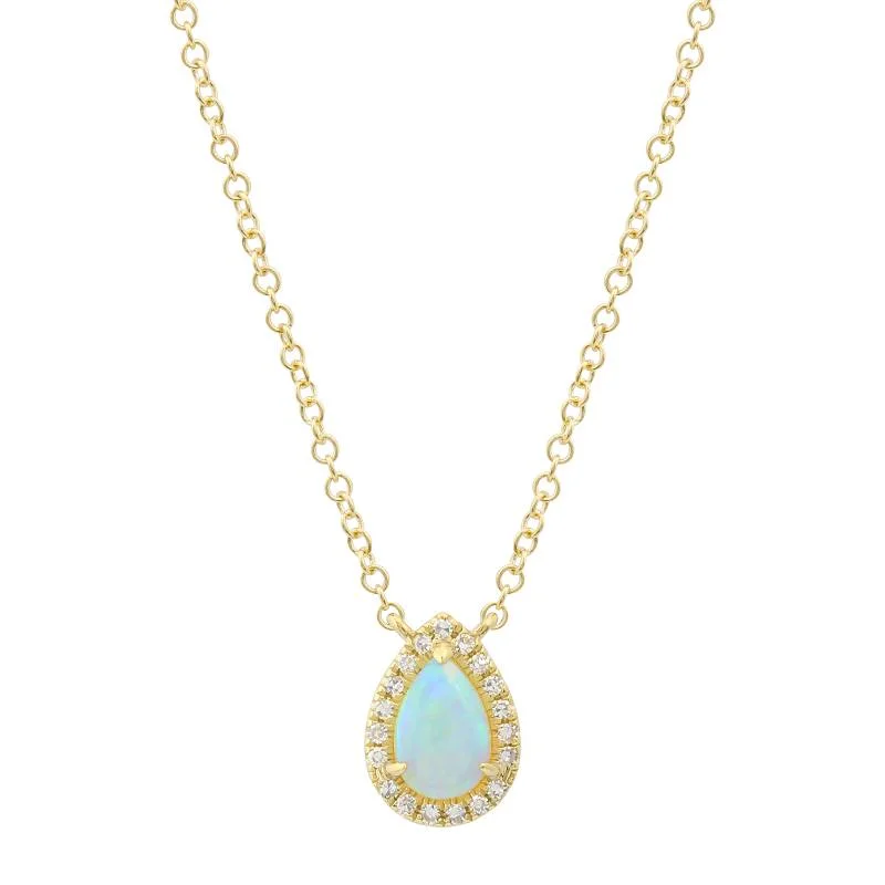 women’s gemstone necklaces for weddings-14k Yellow Gold Pear Opal Diamond Halo Necklace