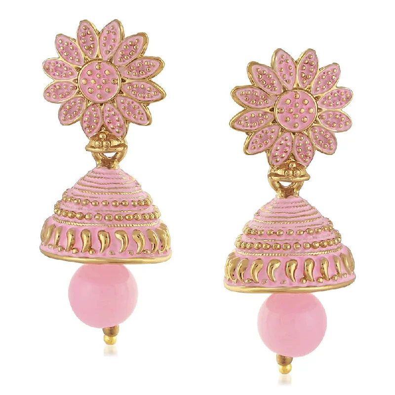 women’s enamel earrings-Mahi Meenakari Work Light Pink Artificial Bead Floral Jhumka Drop Earrings for Women (ER1109693G)