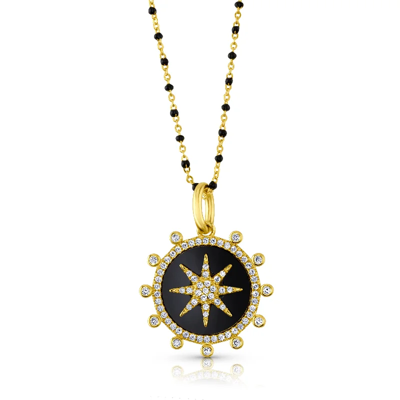 women’s handmade necklaces-SUNBRUST PENDANT AND BEADED CHAIN NECKLACE, GOLD ONYX