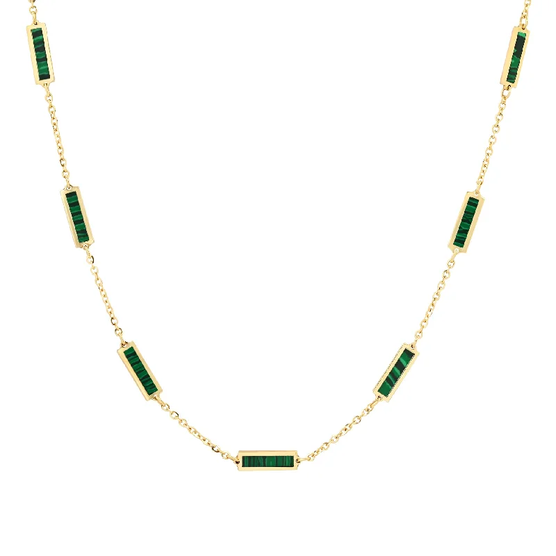 women’s choker necklaces-9 BAR INLAY DAINTY NECKLACE MALACHITE, 14kt GOLD