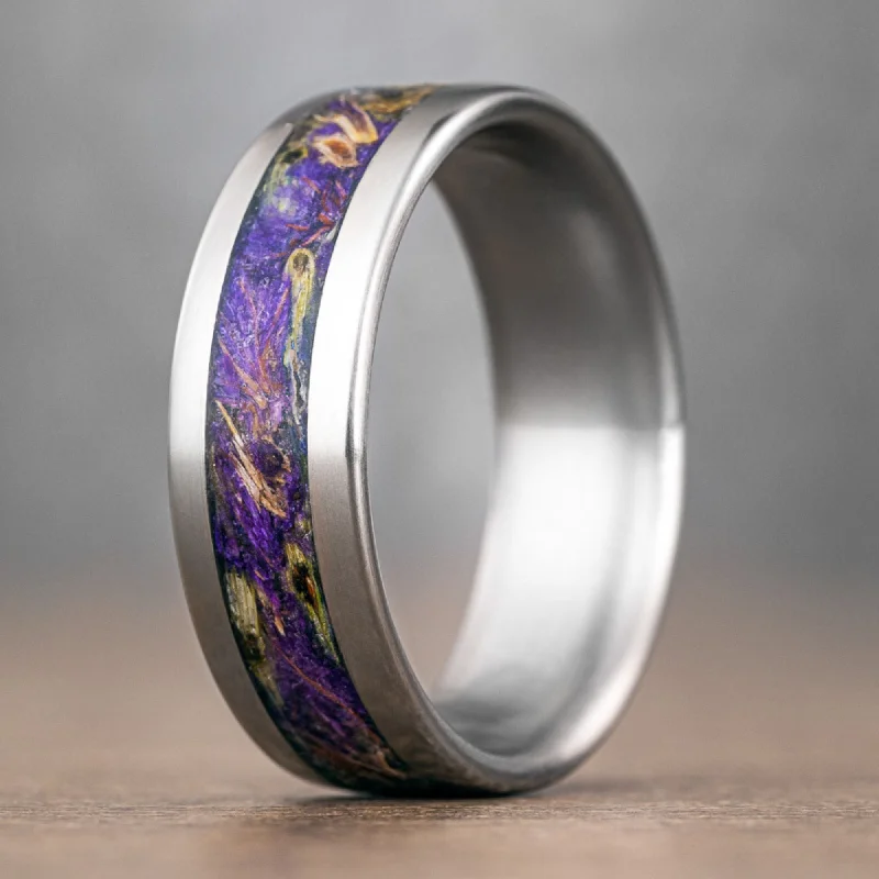 women’s retro engagement rings-(In-Stock) Custom Men's Floral Titanium Wedding Band with Mixed Lavender Inlay- Size 12.5 | 8mm Wide