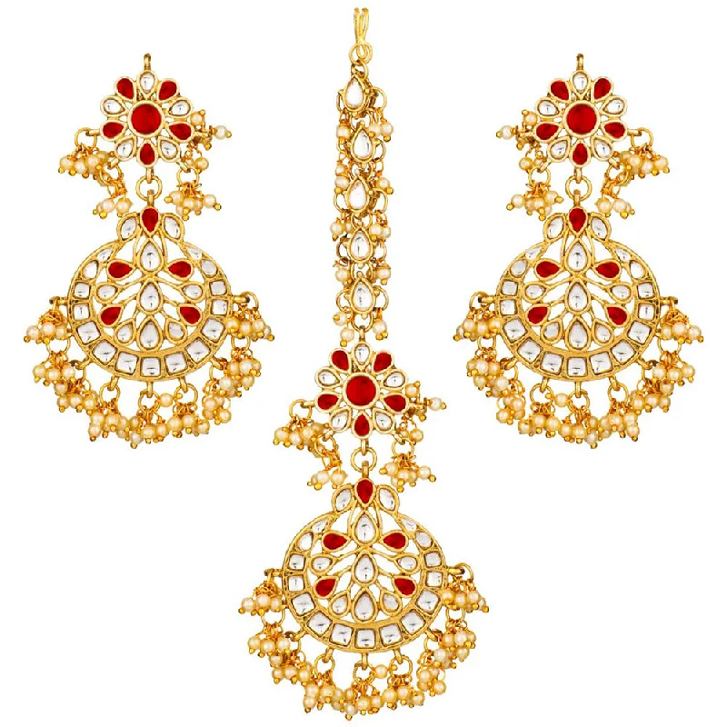 women’s crystal drop earrings-Etnico 18K Gold Plated Bridal Earrings with Maang Tikka Set Studded with Kundan & Pearl for Women/Girls (TE2872M)