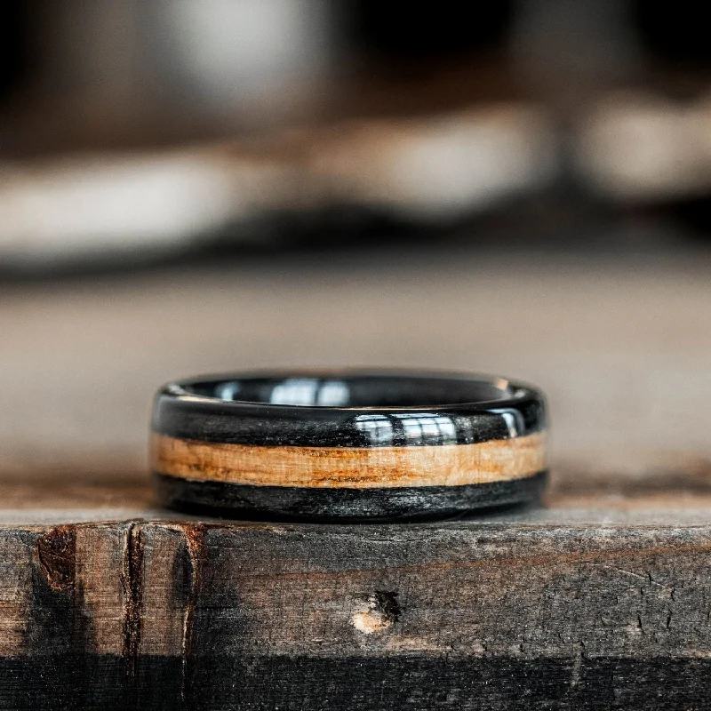 women’s stackable engagement rings-(In-Stock) The Whiskey Double | Men's Whiskey Barrel Wood Wedding Band - Size 6.25 | 6mm Wide