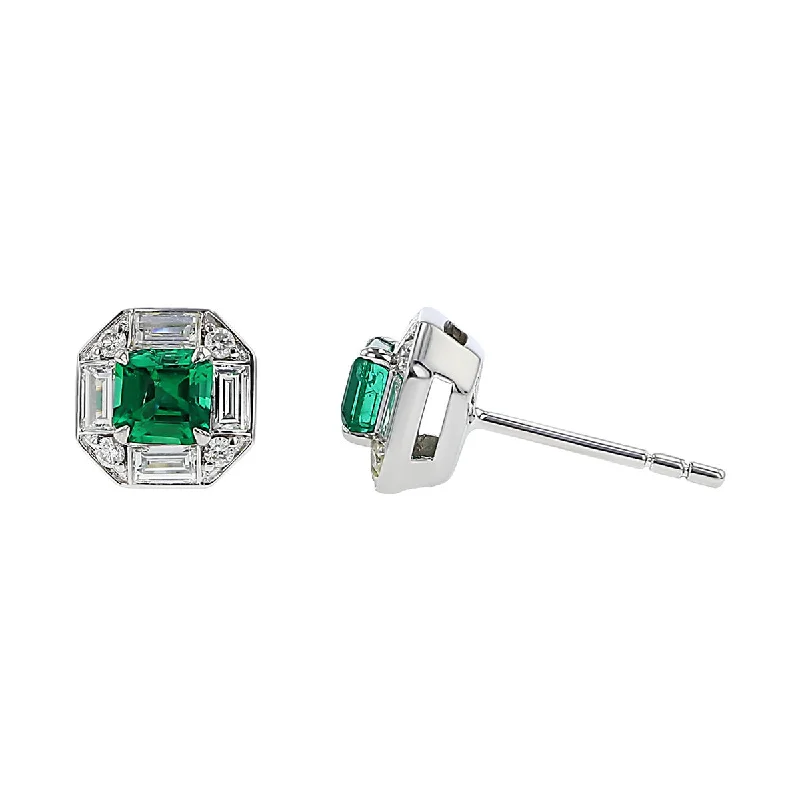 women’s antique earrings-Salavetti Emerald and Diamond Halo Stud Earrings