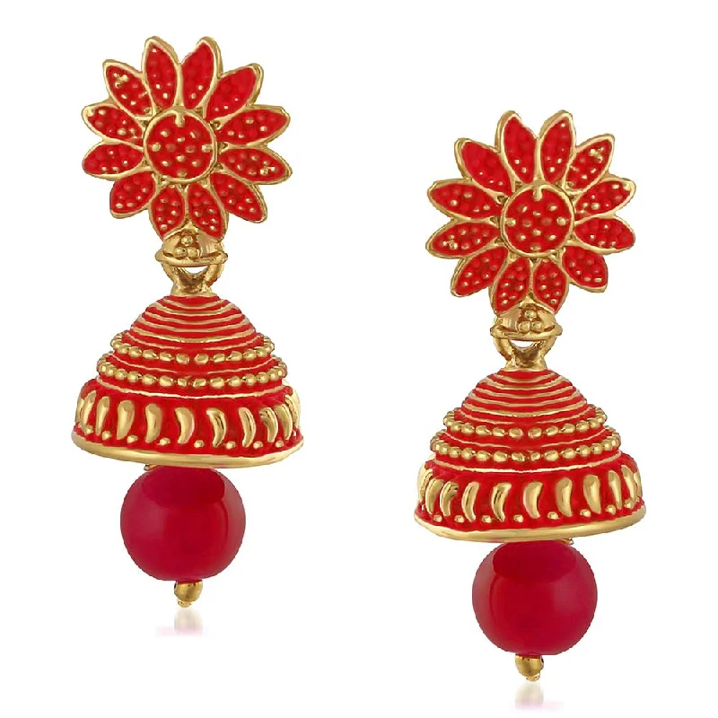 women’s round earrings-Mahi Meenakari Work Red Artificial Bead Floral Jhumka Drop Earrings for Women (ER1109695G)