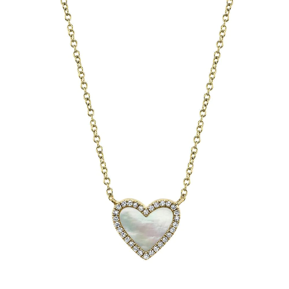 women’s elegant necklaces-14K Yellow Gold Diamond and Mother of Pearl Heart Necklace