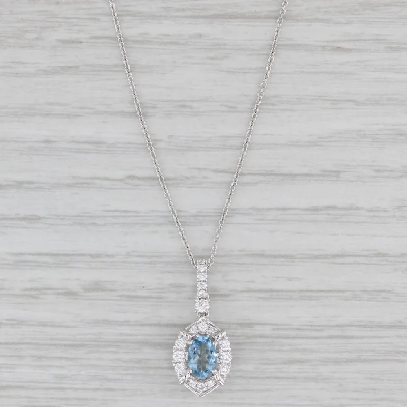 women’s silver pendant necklaces-New 0.83ctw Aquamarine Diamond Halo Pendant Necklace 14k Gold 17.5" Cable Chain