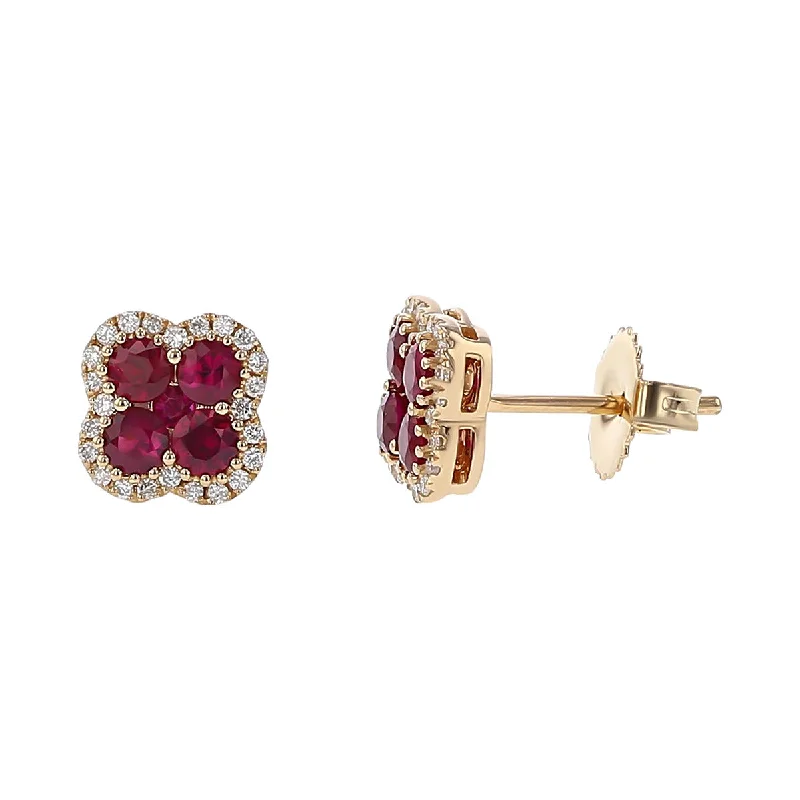 women’s stacked earrings-Ruby and Diamond Halo Clover Stud Earrings