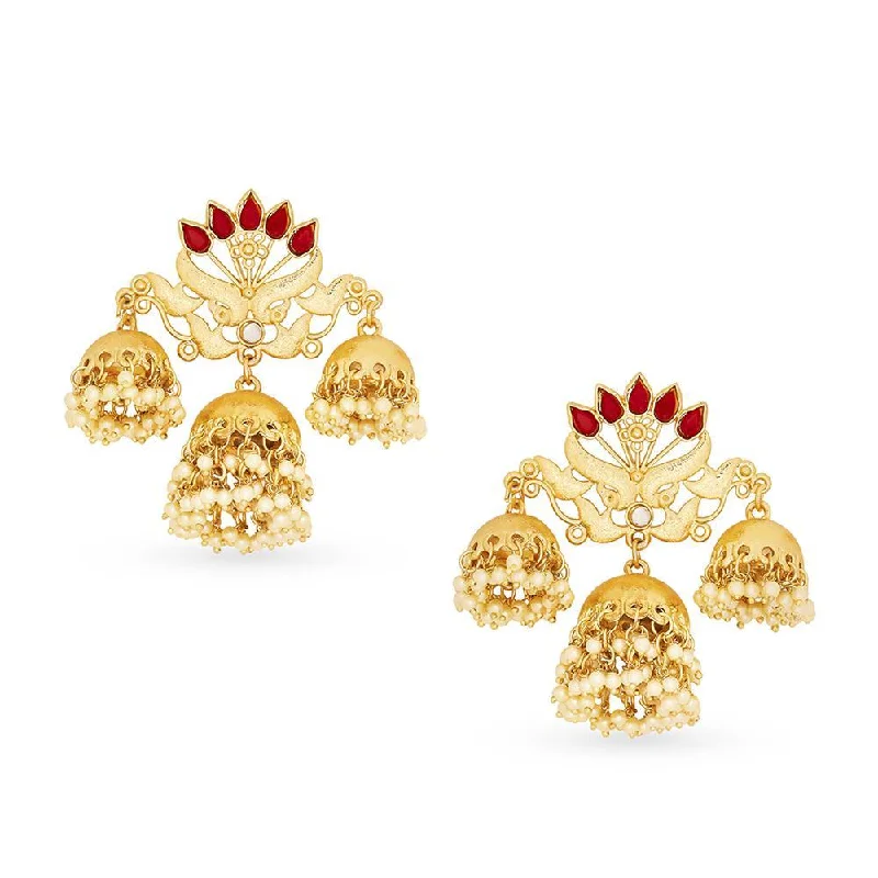 women’s gold stud earrings-Mahi Traditional Red Meena work Lotus Jhumki with Kundan and Artificial Pearl for Women (VECJ100266)