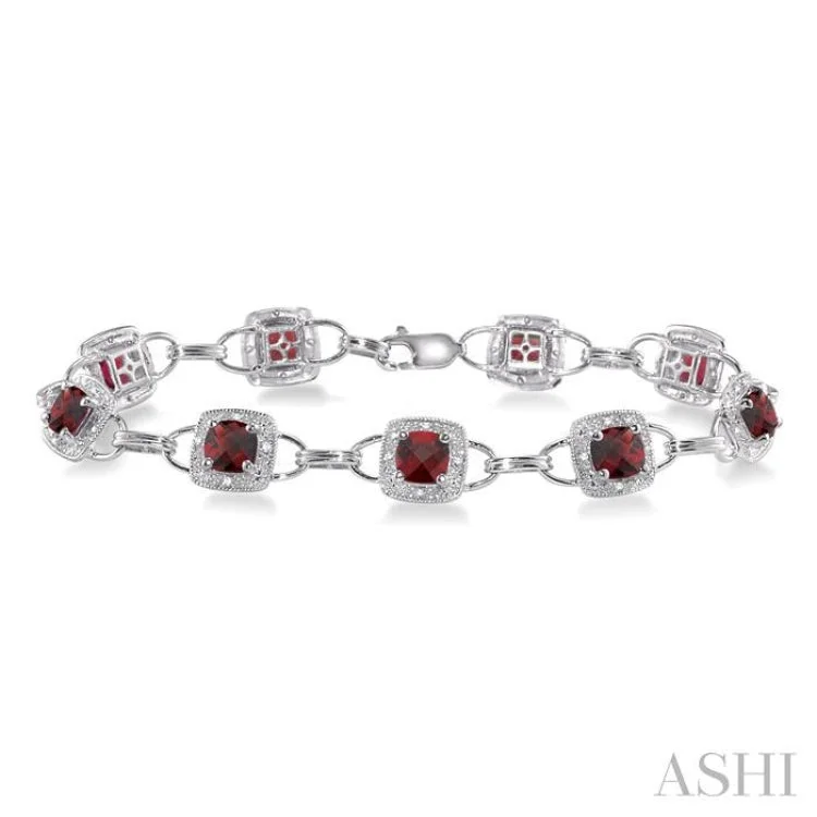 women’s elegant bracelets-5x5MM Cushion Cut Garnet and 1/6 Ctw Single Cut Diamond Bracelet in 10K White Gold