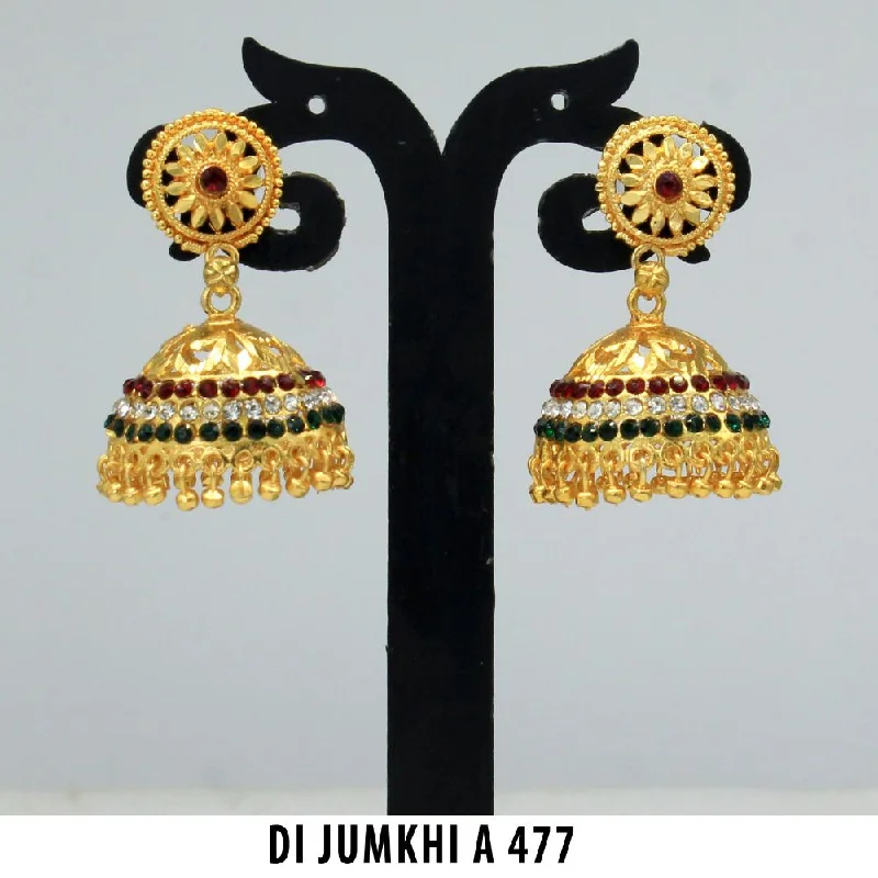 women’s matching earrings-Mahavir Gold Plated Maroon & Green Austrian Stone Jhumki Earrings  - DI Jumkhi 477