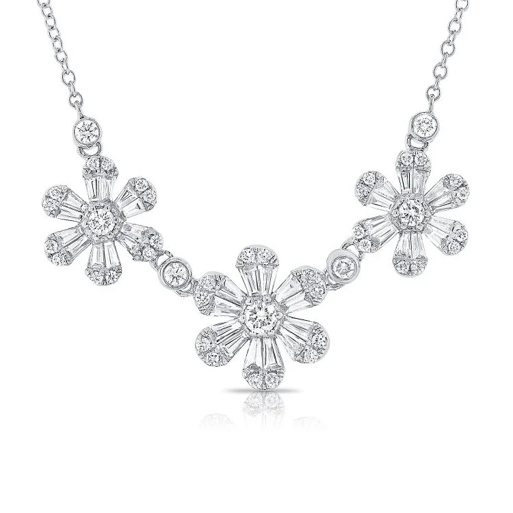 women’s diamond necklaces with pearls-14K White Gold Diamond Flower Cluster Necklace