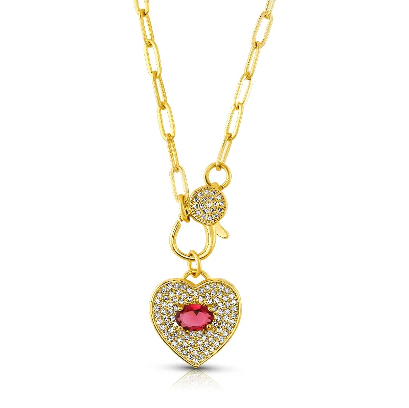 women’s gold choker necklaces-HEART RUBY CZ CLASP NECKLACE, GOLD