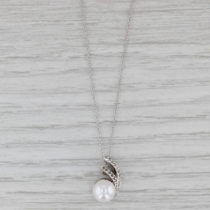 women’s long necklaces-New Cultured Pearl Diamond Pendant Necklace 10k White Gold 18" Rope Chain