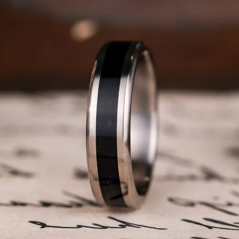 women’s ring sets for engagement and wedding-(In-Stock) The Speakeasy | Men's Black Whiskey Barrel Wood & Titanium Wedding Band - Size 8.5 | 6mm Wide